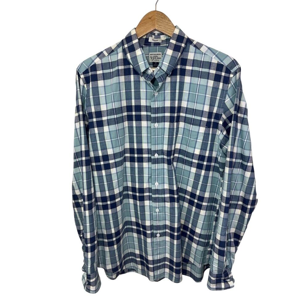 J.Crew Mens Shirt Green Blue Plaid Long Sleeve Button Down L7266 Classic Medium